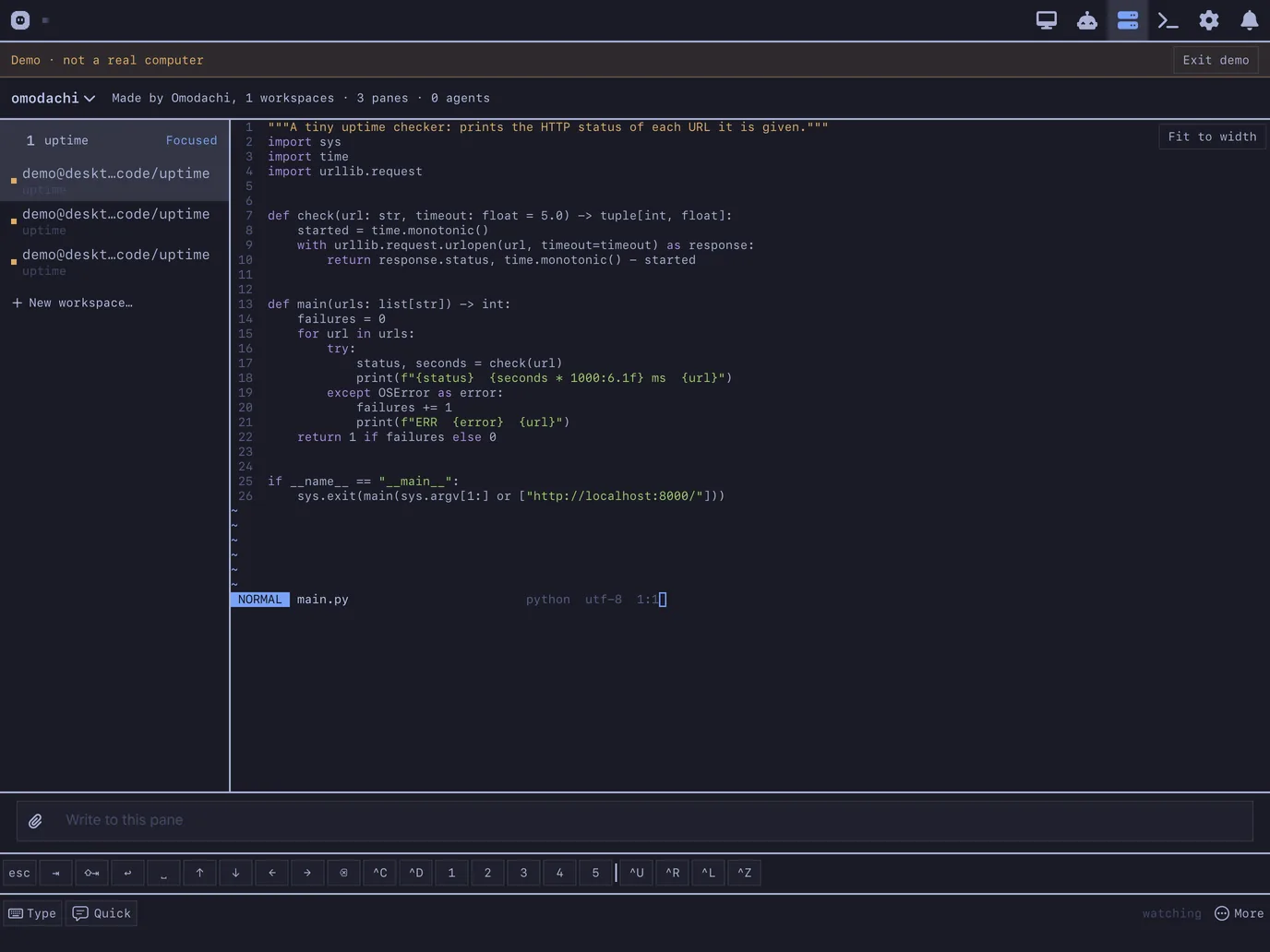 iPad 上的 Herdr，有 pane、画面、往里打字的输入框和那一排按键。